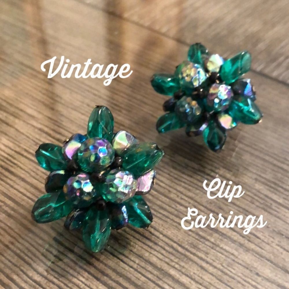 Vintage Clip Earrings Iridescent Glass Beads West Germany